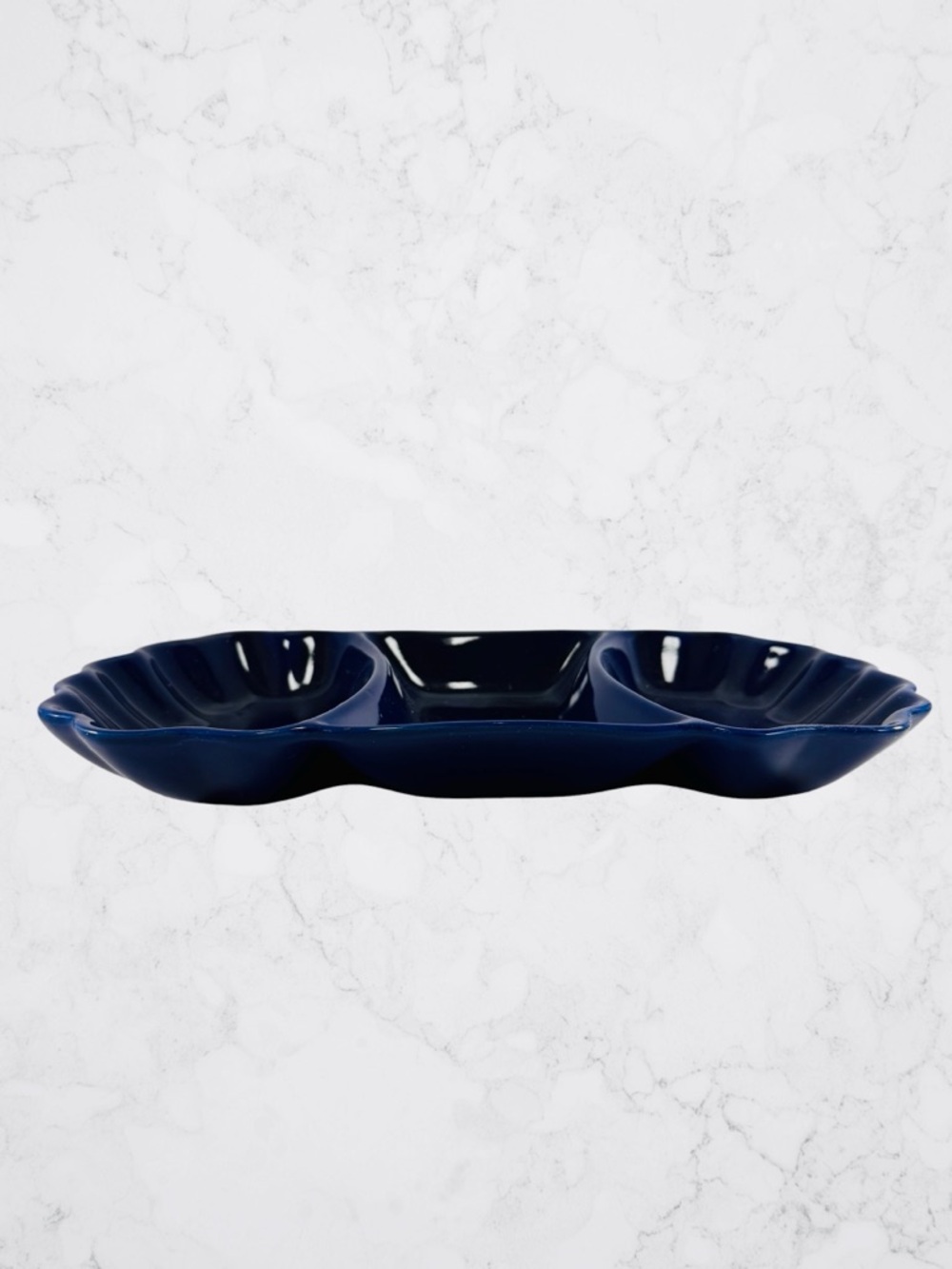 Vintage Cobalt Blue Glazed Pottery Relish Dish Serving Tray 3 Sections Vegetable - Picture 2 of 9